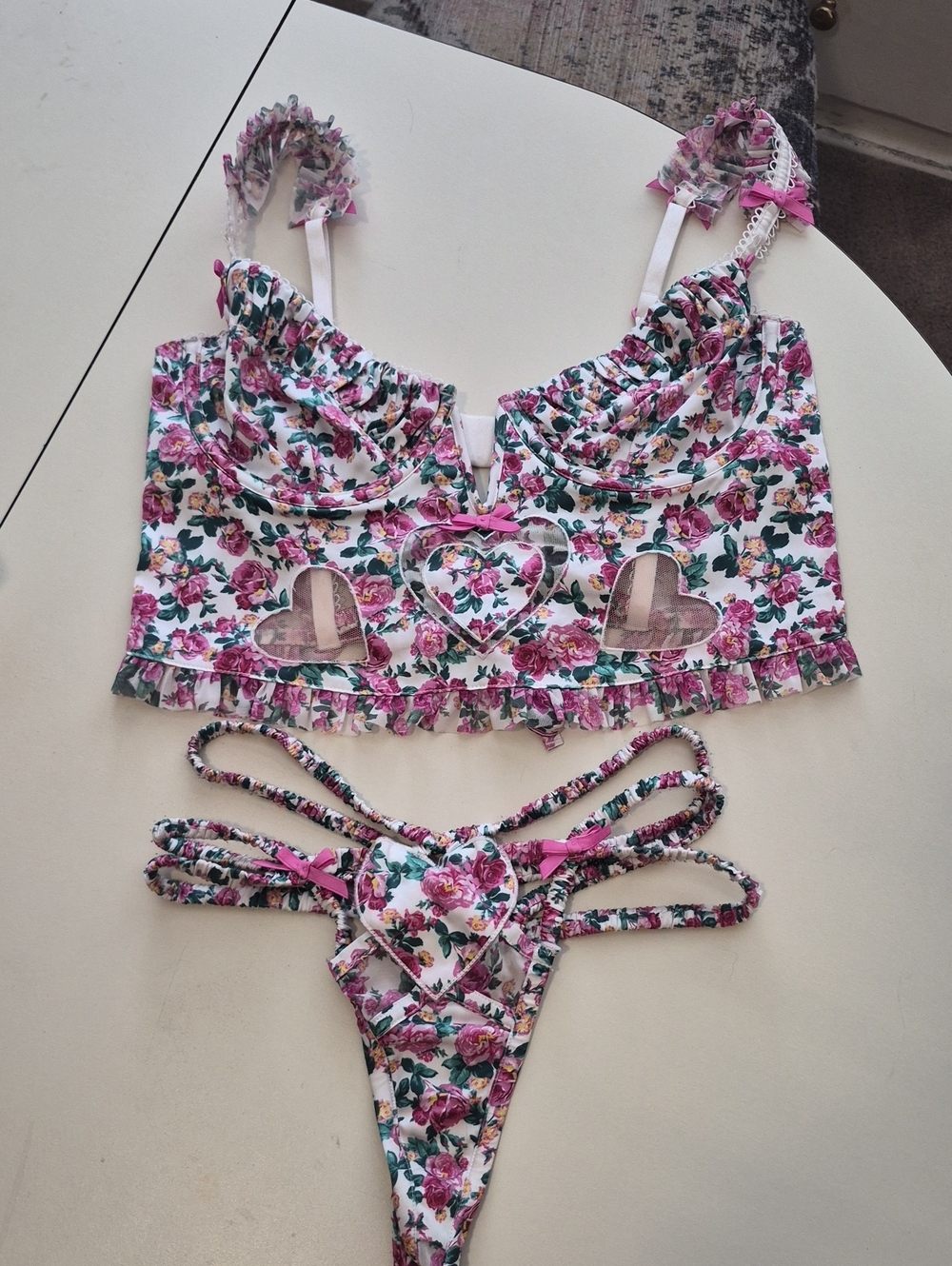 For Love & Lemons Pink Floral Heart-Cut Lace Bralette and Strappy Thong Set